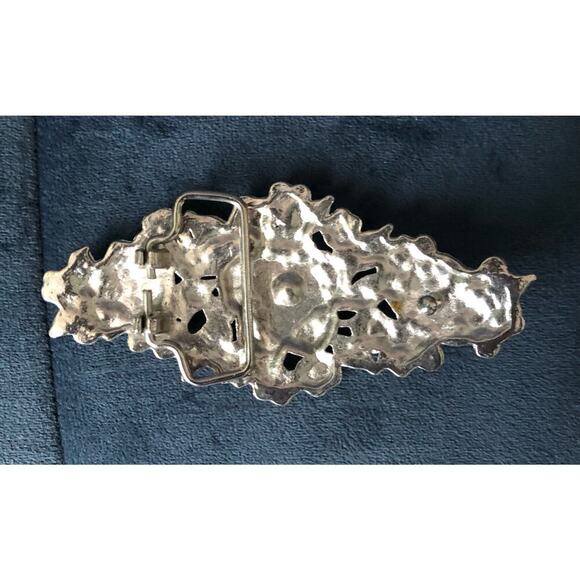 Vintage Floral Belt Buckle Enamel and Golden Rhinestones Silver Back Ornate - Picture 10 of 11